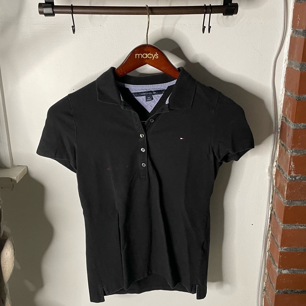 Tommy Hilfiger Solid Black Logo Polo Collared Shirt